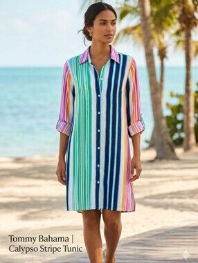 Tommy Bahama Calypso Multicolor Vertical Striped Button Front Tunic - Small